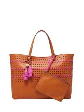 Fossil Tan all Leather Tote with Pink Accents and gold key